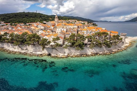 The old town centre of Korcula town seen from the air, Croatia, Europe