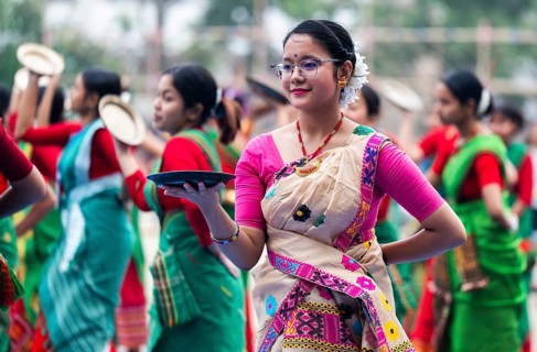 Participants with instructor dance in a Bihu dance workshop ahead of Rongali Bihu Festival, in