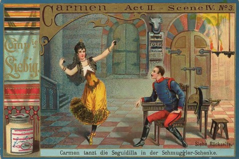 Picture series Opera Carmen, Carmen dances the Seguidilla in the smugglers' tavern, Liebig picture,