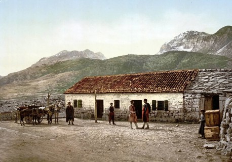 The station di Krstac on the road to Cetinje, in Njedusi, Montenegro, View from 1885, Historical,