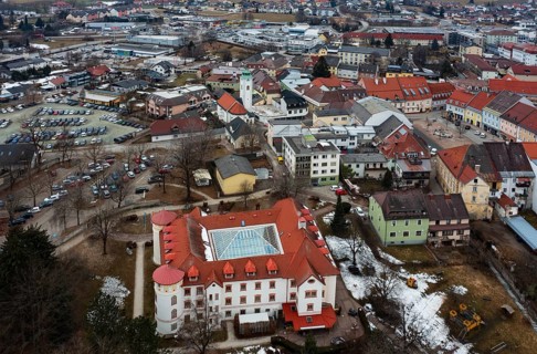 Drone shot, townscape with residential buildings and shopping centres, town view, Feldkirchen in