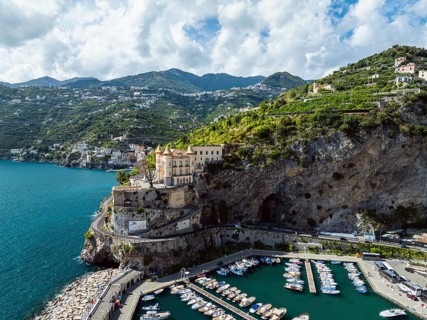 Maiori from a drone, Amalfi Coast, Salerno, Campania, Italy, Europe