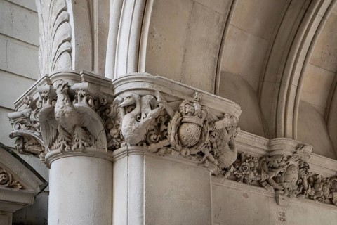 Decorated capitals with sculptures and reliefs, Middle Temple Lane entrance, The Inns of Court,