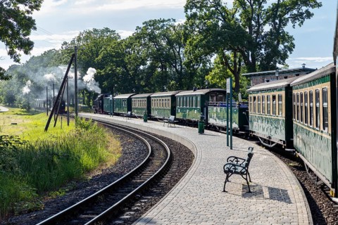 A long train with green carriages rounds a bend in the sunshine, Rügen, Rasender Roland