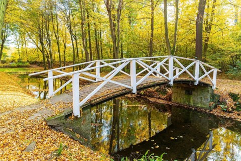 Bridge over the castle moat in autumn, park of Hermsdorf Castle, Ottendorf-Ockrilla, Saxony,