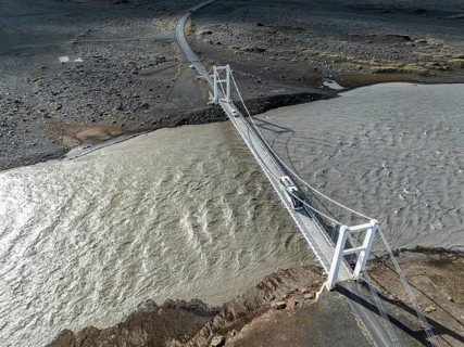 Bridge over river Jökuls a Fjöllum, ringroad no. 1, aerial view, Iceland, Europe