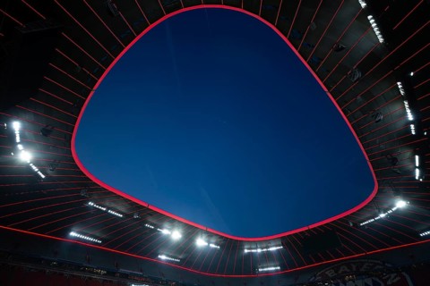 Roof construction, stadium, interior, illuminated, blue hour, Allianz Arena, Munich, Bavaria,