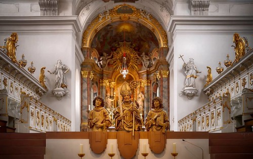Interior view of the main altar with painting St John on Patmos by Johann Baptist Zimmermann,