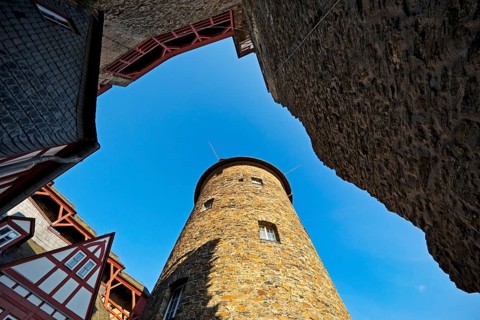 Stahleck Castle, view to the top of the castle tower, Bacharach, UNESCO World Heritage Upper Middle