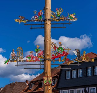 Maypole on the market square, close-up, Seligenstadt, Hesse, Germany, Europe