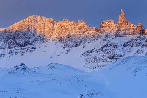 Peak mountains in the morning light, winter, snow, Akureyri, North Iceland, Iceland, Europe