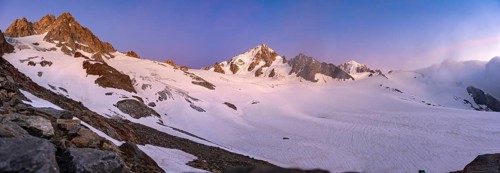 High alpine mountain landscape at sunset, Glacier du Tour, glacier and mountain peak, summit of the