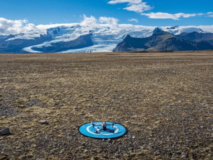 Drone on a landing pad, glacial floodplains of the Vatnajökull glacier, glacier Vatnajökull,