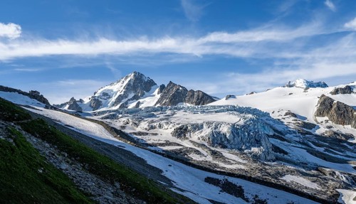 High alpine mountain landscape, summit of the Aiguille de Chardonnet and Glacier du Tour, glaciers