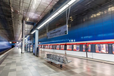 Hochbahn Hamburg metro metro station at Überseequartier station in Hamburg, Germany, Europe