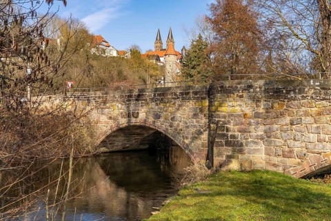 Bridge over the Mühlgraben and St Peter's Cathedral, Fritzlar, Schwalm-Eder district, Hesse,