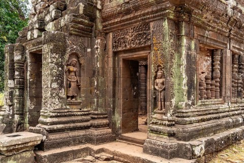 Apsara reliefs at the sanctuary of the mountain temple Wat Phu, Champasak province, Laos, Asia