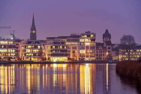 Lake Phoenix at dusk in Dortmund, North Rhine-Westphalia, Germany, Europe