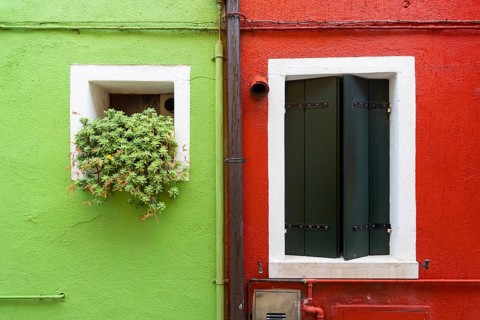 City view of Burano with colourfully painted houses and canals. Burano, Venice, Veneto, Italy,
