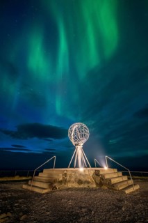 Northern Lights at the North Cape with steel globe, Nordkapp, Finnmark, Norway, Europe