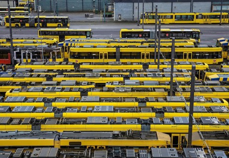 Essen, North Rhine-Westphalia, Germany, Trams at Ruhrbahn depot, Verdi and EVG warning strike,