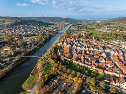 Historic center of village Berching, half-timbered houses, town wall, aerial view, Berching,