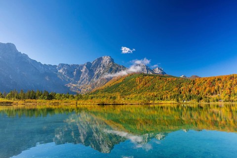 Lake Almsee in autumn with a forest reflected in the lake. A slowly dissipating fog moves over the