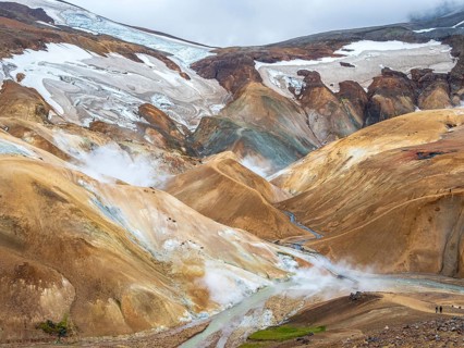 Steaming hot springs and colourful rhyolite mountains, Hveradalir geothermal area, Kerlingarfjöll,