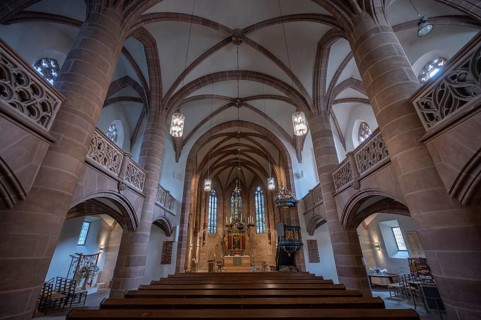 Interior with altar of the Church of St Nicholas and St Ulrich, nave built around 1400, Kirchenberg