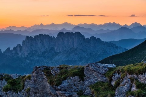 Fribourg Prealps with Gastlosen mountain range at dawn, Bernese Alps behind, cantons of Fribourg