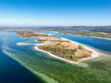 Aerial view of the Mettnau peninsula at low tide with shallows, danger to shipping traffic,