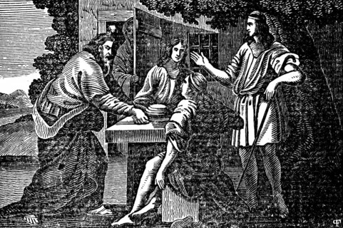 Abraham invites three strangers to rest and eat in front of his house, his woman Sarah stands at