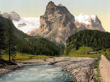 Rosenlaui, mit Brunnen und Wetterhorn, Bernese Oberland, Switzerland, Historic, digitally restored