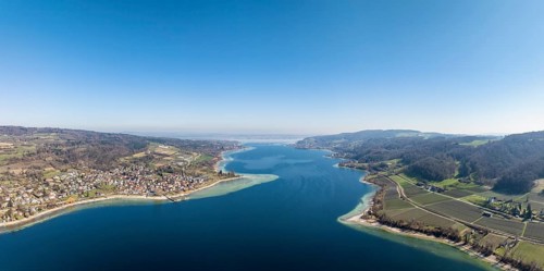 Aerial view, panorama of Lake Constance, Untersee, also known as Lake Rhine, which flows into the