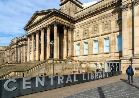Portico entrance Neoclassical architecture of World Museum, Central Library buildings, city centre