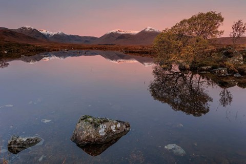 Mountains reflected in lake, morning light, morning mood, still, autumn, snowy, Lochan na
