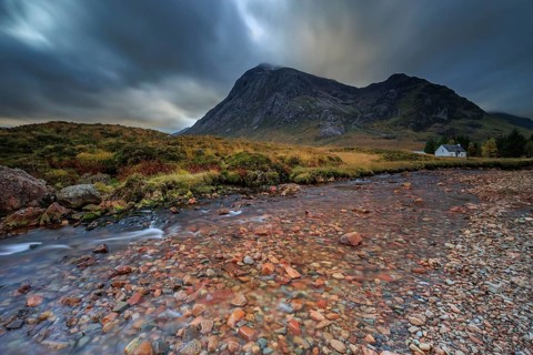 Wild river, cloudy mood, hut, cottage, long exposure, autumn, mountains, Lagangarbh Cottage,