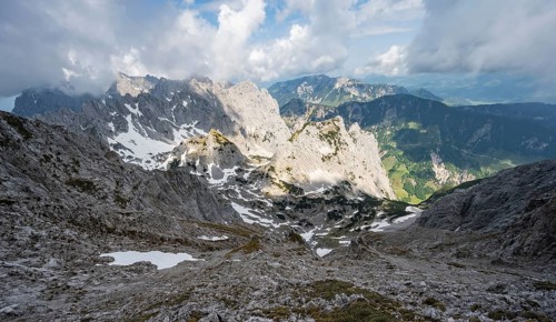 View of rugged, rocky mountain landscape, view from the summit of the Ackerlspitze, mountain peak