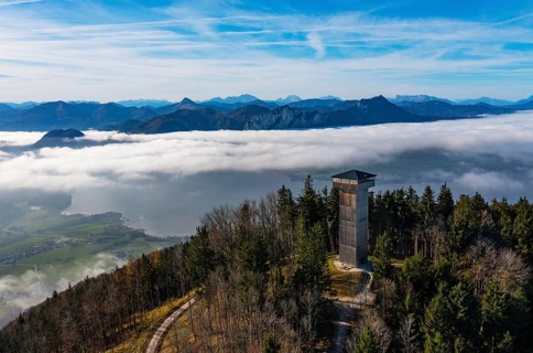 Drone shot, sea of fog in the Mondseeland with observation tower on the Kulmspitze, Mondsee,