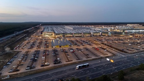The Tesla Gigafactory at the blue hour, Grünheide, 07.03.2025, Grünheide, Brandenburg, Germany,