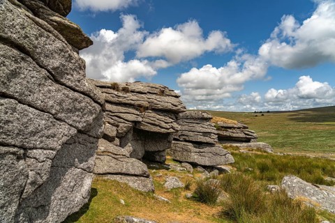 Landscape at the rock formation King's Tor tor in Dartmoor, Devon, England, Great Britain