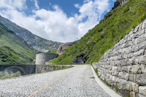 Old historic St. Gotthard Pass road Tremola Gotthard Pass Alpine pass Mountain road with