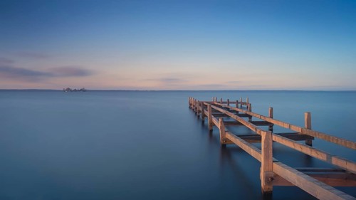 View of a partially dismantled jetty on the Steinhuder Meer, long exposure, Wilhelmstein, Hagenburg