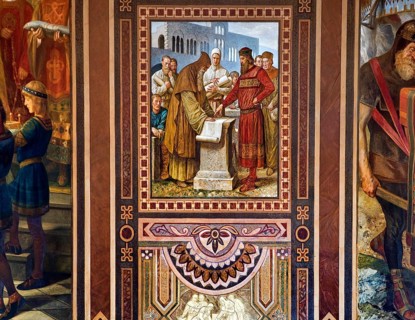 Benno supervises the construction of the imperial palace in Goslar under Henry III, mural by