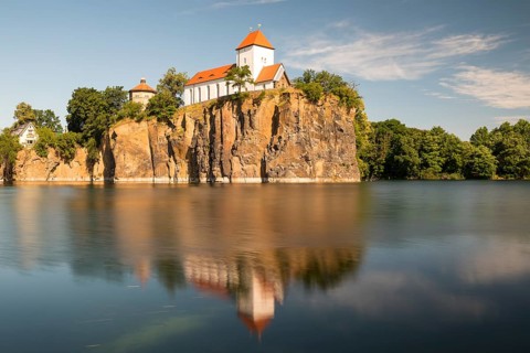 Kirchbruch lake and mountain church with water tower, Beucha, Leipzig district, Saxony, Germany,