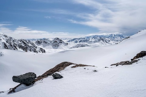 View of mountain peaks of the Bernina group, mountain landscape with snow, ascent to the