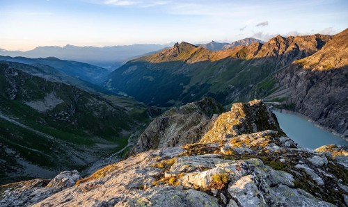 Picturesque mountain landscape at the summit of Mont de la Blana at sunset, view of La Dixence