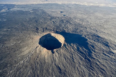 Harrat Khaybar volcanic landscape, aerial view, near Khaybar, Medina Province, Saudi Arabia,