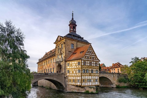 The Old Town Hall on the River Regnitz in the historic centre of Bamberg, Upper Franconia, Bavaria,
