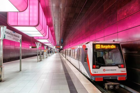 Hochbahn Hamburg metro metro station at Hafencity University station in Hamburg, Germany, Europe